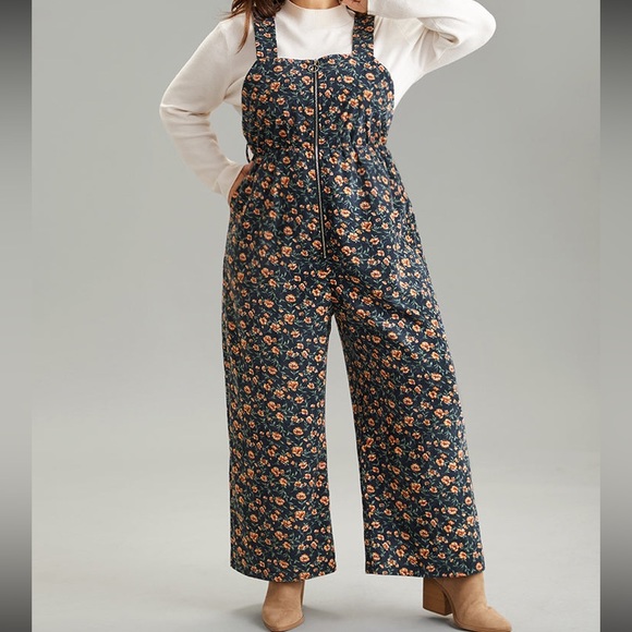 Floral Corduroy Wideleg Jumper with Pockets and Front Zipper, Dark Blue/Indigo - Picture 5 of 10